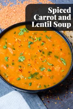 a bowl filled with carrot and lentil soup