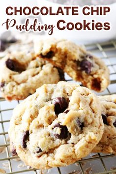 chocolate chip pudding cookies on a cooling rack with the words, chocolate chip pudding cookies