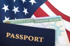 an american passport with the united states of america flag in the background