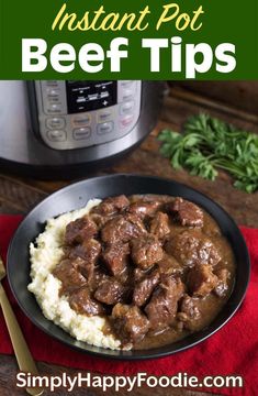 a bowl filled with beef and mashed potatoes next to an instant pot