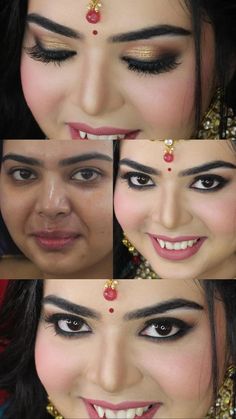 four different pictures of a woman's face with makeup and accessories on her head