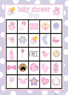 a baby shower game with blue and white polka dot dots on it, including items for the