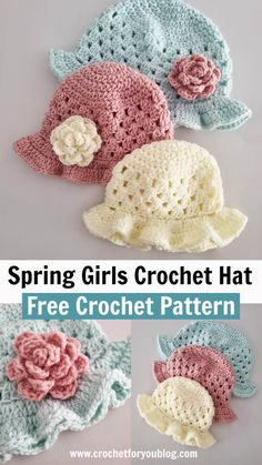 three crocheted hats with flowers on them and the words spring girls crochet hat