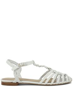 white nappa leather braid detailing gold-tone hardware caged design round toe buckle-fastening ankle strap branded leather insole flat leather sole Braided Leather Sandals, Sandals White, Chanel 2, Iconic Bags, Summer Beach Wear, Flat Boots, Ballet Flat Shoes, Pump Sandals, Ski Wear