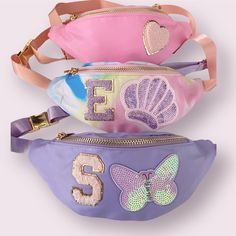 "Kids Personalized Fanny Pack approx 10x4\" perfect for children patch letter color options: pink  purple yellow black white Denim Jacket Add On select in drop down, the price includes the personalized denim jacket (please view listing photos + the fanny pack.  If selecting this option please include size (1-2Y, 3-4Y, 5-6Y, 8-10Y) in personalization box + include name)" Dance Shirts Ideas, Emo Accessories, Kids Accessories Fashion, Kids Purse, Letter Patches, Kids Belt, Kids Beanies, Dance Shirts, White Denim Jacket