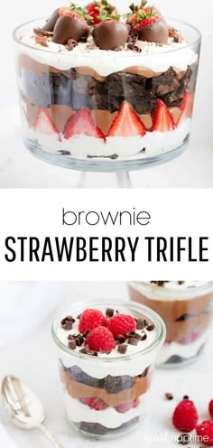 brownie trifle with strawberries and chocolate on top