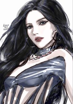 a drawing of a woman with long black hair