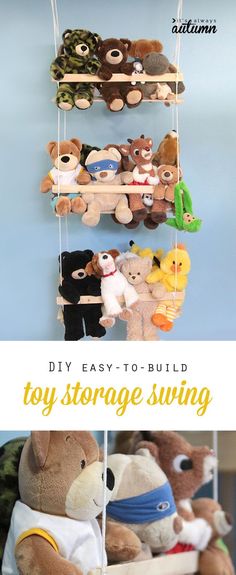 stuffed teddy bears are hanging on the wall and in a toy storage rack with text overlay that reads diy easy - to - build toy storage swing