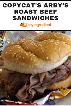 a close up of a sandwich on a plate with the words copycat's arby's roast beef sandwiches