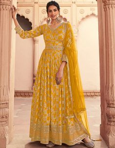 🌟 Unleash your inner glow and charm with our Yellow Dola Jacquard Silk Pant Anarkali! 💛✨ #GlamorousAndStylish #FashionForward #AnarkaliVibes #StylishSeason #ArabicFashion #FashionStatement #ShopNow 👗🛍️ Modern Anarkali, Silk Anarkali Gown, Bridal Anarkali, Yellow Anarkali, Anarkali Suits Bollywood, Lehenga Choli Designs, Silk Anarkali, Anarkali Salwar, Anarkali Kurti