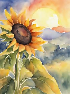 a watercolor painting of a sunflower with the setting sun in the background