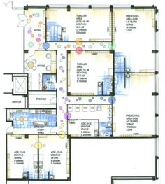 the floor plan for an apartment with two floors and three rooms, all in different colors