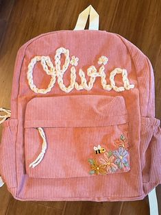 Custom made backpack. Backpack comes in white, beige, brown, pink, mint, yellow, black, and burgundy. Custom Embroidered Travel Backpack, Multicolor Embroidered Backpack, Playful Pink Backpack With Cute Design, Personalized Pink Everyday Backpack, Playful Personalized Backpack, Backpack Ideas, Full Grain Leather Bag, Forest Fashion, Embroidered Backpack