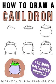 how to draw a cauldron with 10 more halloween doodles on the page