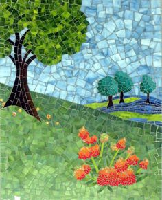 a mosaic with trees and flowers in the grass, on top of a blue sky background