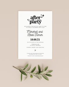 the after party wedding card is shown with an olive branch