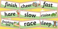 four flash cards with words that say, finish, cheer, slow, and race