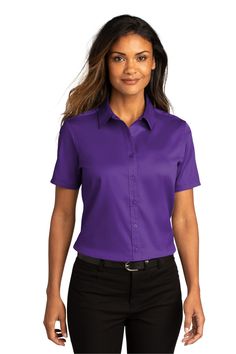 Shop Port Authority LW809 in Purple & get instant bulk discounts. This is 55% Cotton, 45% Polyester Women Dress Shirt | Ships Fast | Award-Winning Customer Service. Office Shirt, Red Kap, Port Authority, Twill Shirt, Ladies Short, Work Wear Women, Dress Shirts For Women, Woven Dress, Work Shirts