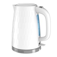 an electric kettle with a blue handle on it's side and the lid open