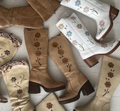 Platform boots, flower boots and many more. I will communicate a date for the drop through my Instagram: Dreamynomads. Flower Boots, Casual Country Outfits, Vintage Mustang, Floral Boots, Shoe Inspo, Vintage Boots, Cowboy Western, Swag Shoes, Western Cowboy Boots