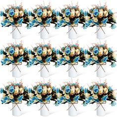 a bunch of blue and white flowers in a vase on a white background with multiple images