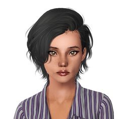 an animated image of a woman with black hair and brown eyes wearing a striped shirt