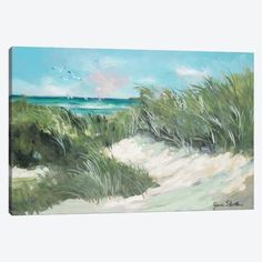 an oil painting of grass and sand dunes at the beach with seagulls flying in the background