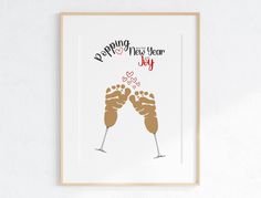 a poster with two hands holding champagne glasses and the words happy new year on it