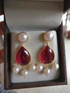 Ruby & Pearl Drop Dangling Earring Silver 925 Gold Filled | Etsy Ruby Earing Design Gold, Pearl And Ruby Earrings, Ruby Pearl Earrings, Ruby And Pearl Earrings, Gold Drop Pearl Earrings With Gemstones, Red Pearl Drop Earrings For Formal Occasions, Red Pearl Drop Jewelry For Anniversary, Red Cabochon Earrings For Wedding, Red Pearl Drop Earrings