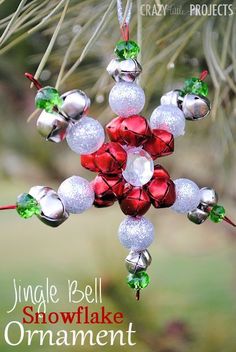 a snowflake ornament hanging from a tree branch with bells and leaves