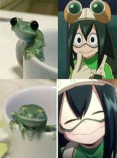 a frog sitting on top of a white sink next to a green frog with big eyes