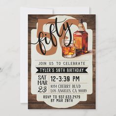 a birthday party card with an image of two bottles of whiskey and the words fifty on it