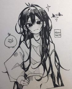 a drawing of a girl with long hair holding a bag and looking at the camera