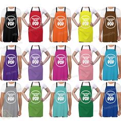 aprons with the words happy pop on them in different colors and sizes, including red, green, blue, yellow, orange, purple