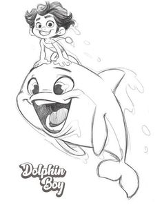 the dolphin boy is riding on top of his friend's head in this drawing