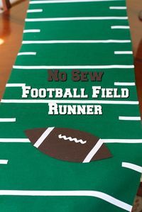 a green table runner with a football on it that says no sew football field runner