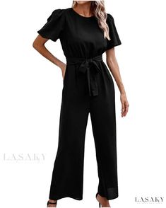 Lasaky - Sophisticated Lantern Sleeve Jumpsuit with Belted Trousers Elegant Solid Color Fall Jumpsuits And Rompers, Elegant Solid Color Jumpsuits And Rompers For Fall, Elegant Fall Jumpsuits And Rompers In Solid Color, Elegant Belted Solid Jumpsuits And Rompers, Chic Solid Color Jumpsuits And Rompers For Fall, Elegant Belted Jumpsuits And Rompers For Summer, Solid Color Belted Fitted Jumpsuits And Rompers, Chic Non-stretch Jumpsuits And Rompers For Fall, Fitted Solid Color Belted Jumpsuits And Rompers