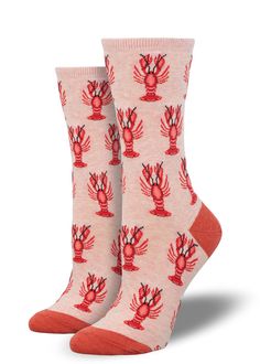 Pink crew socks for women with an allover pattern of red lobsters. Lobster Socks, Cute Lobster, Red Lobsters, Solmate Socks, Food Socks, Bamboo Gifts, Blue Q, Fun Socks, Sock Drawer