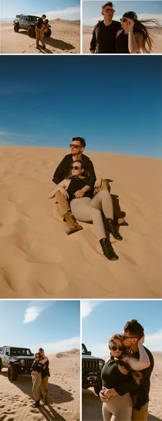 a man and woman sitting on top of a sandy beach next to an suv in the desert