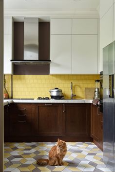 an orange cat sitting in the middle of a kitchen with yellow and gray tiles on the floor