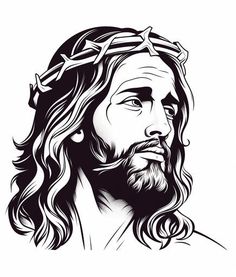 the face of jesus with long hair and a crown on his head, black and white drawing