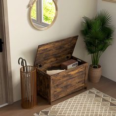 an open trunk sitting on top of a wooden floor next to a potted plant