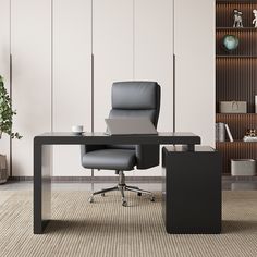 an office desk with a chair and bookcase in front of it, next to a plant