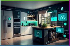 an image of a modern kitchen setting with technology on the walls and appliances in it