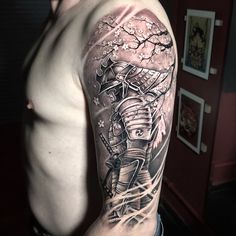 Japanese Dojo Tattoo Design, Korean Samurai Tattoo, Samari Tattoos For Men, Sumari Warrior Tattoo, Samari Warrior Tattoo, Samurai With Dragon Tattoo, Realistic Samurai Tattoo, Samurai Shoulder Tattoo, Japanese Tattoos Samurai