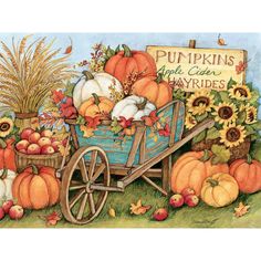 a painting of pumpkins and gourds in a wagon