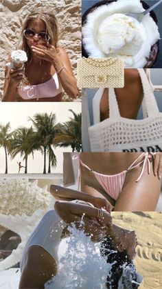 the collage shows different images of women in bikinis and one has ice cream on her face