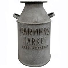 an old fashioned metal container with the words farmers market on it