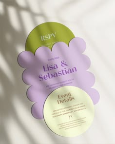 the label for an event is shown in purple and green colors on a white background