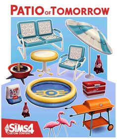 an advertisement for the patio of tomorrow, featuring chairs and umbrellas in various colors